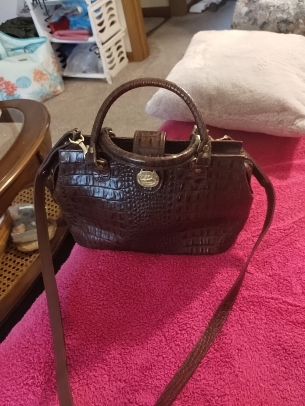 Vtg Brahmin Pecan Brown Leather Croc Embossed Satchel Sz 7 By 12